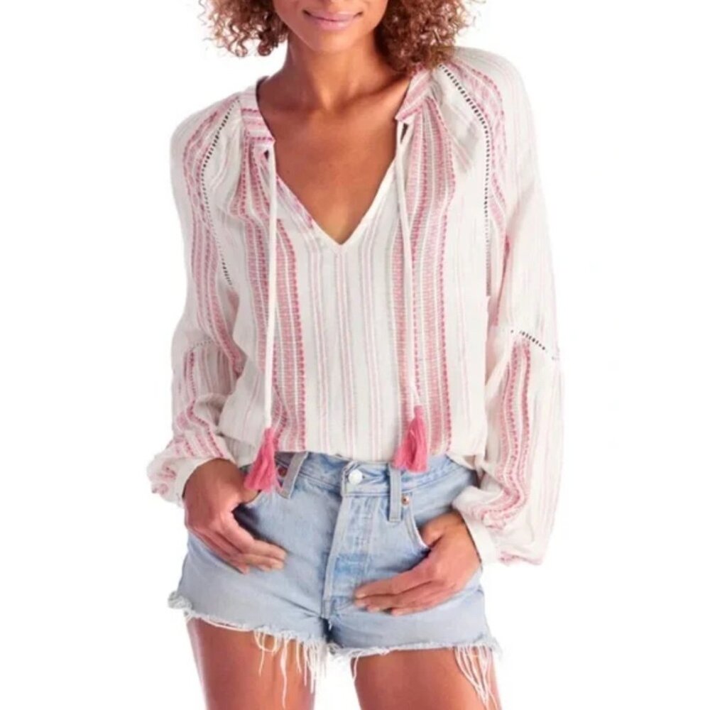 Allison New York Womens Striped Long Bell Sleeve Boho Top Tassels Crochet Artzy